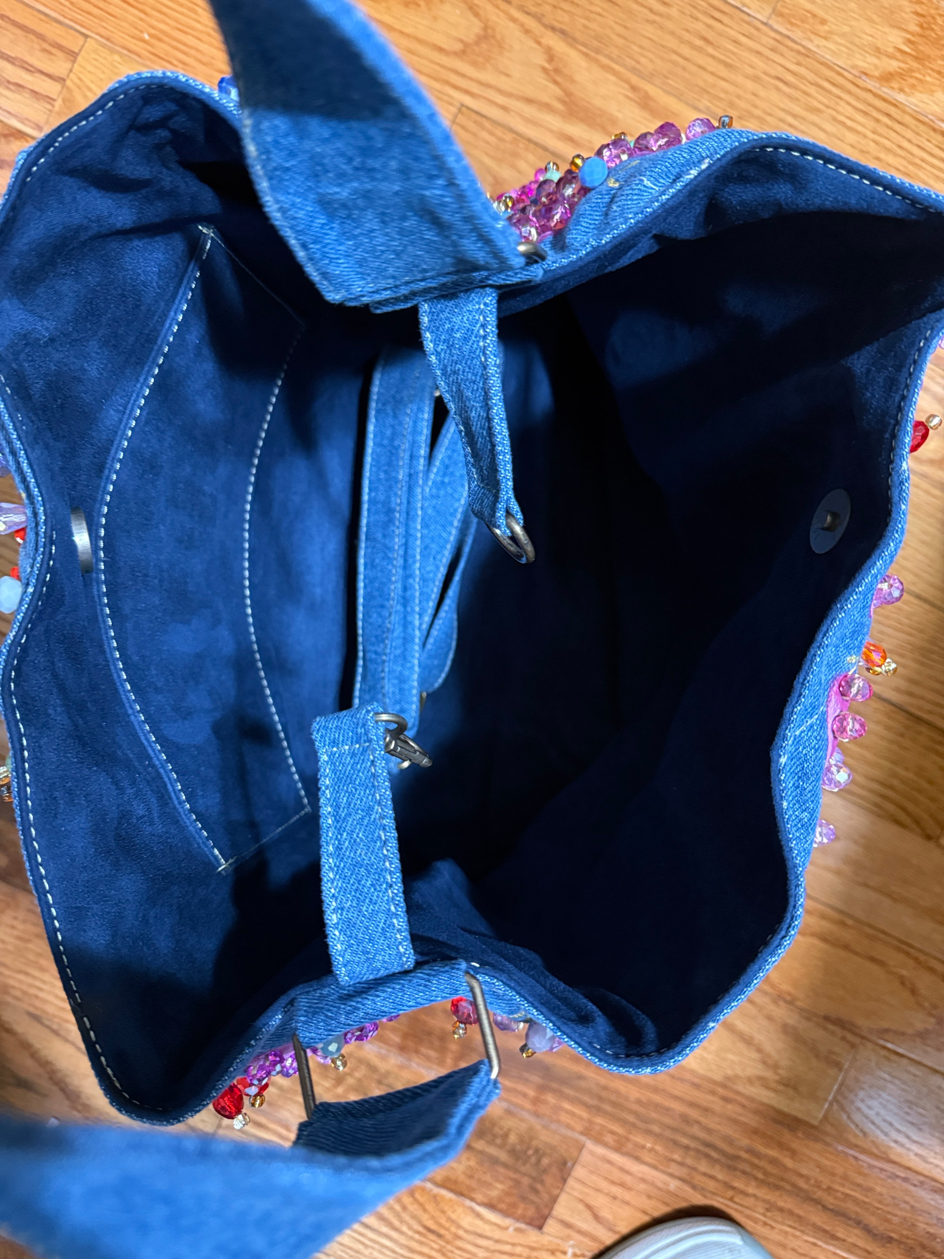 Hand-Painted & Hand-Embroidered Denim Tote Bag | Wearable Art | Boho Artisan Handbag