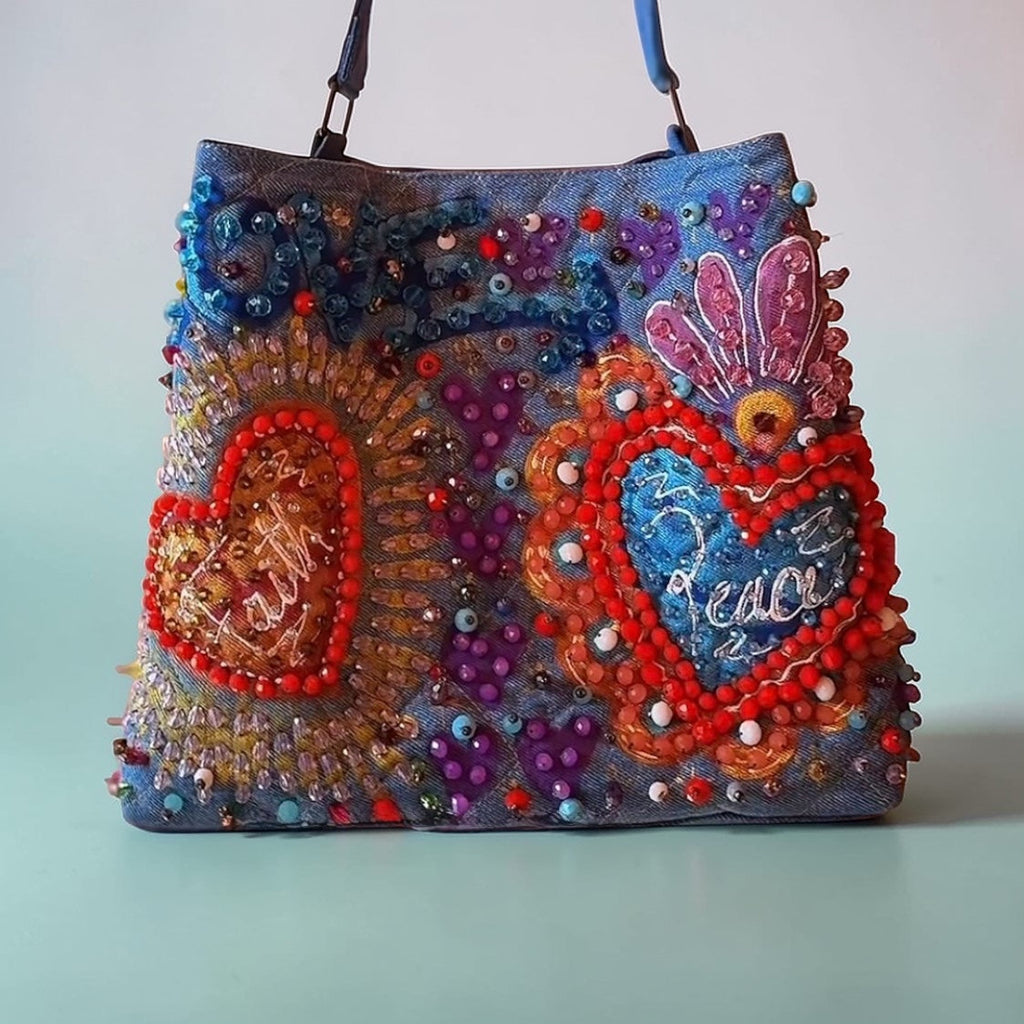 Hand-Painted & Hand-Embroidered Denim Tote Bag | Wearable Art | Boho Artisan Handbag
