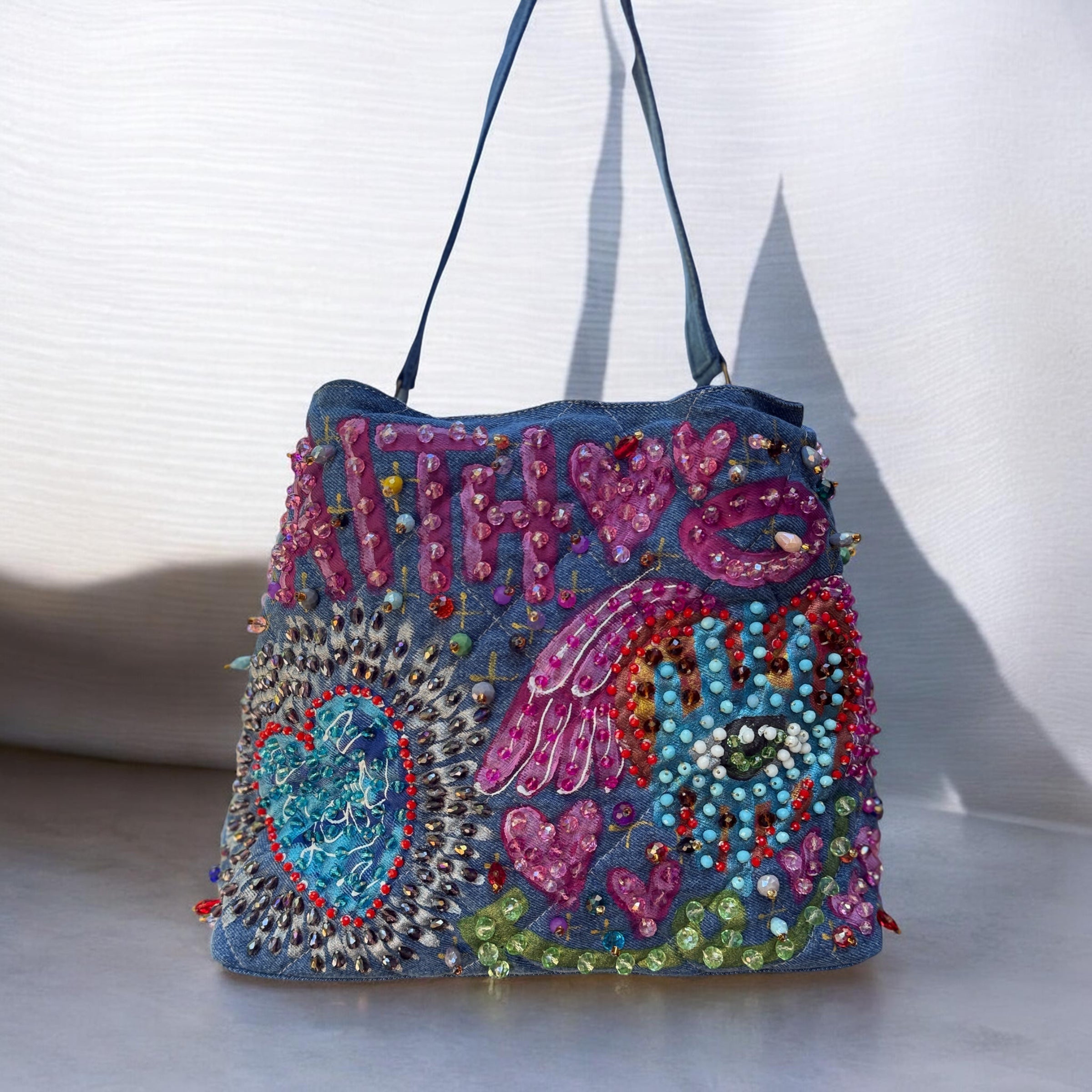 Hand-Painted & Hand-Embroidered Denim Tote Bag | Wearable Art | Boho Artisan Handbag
