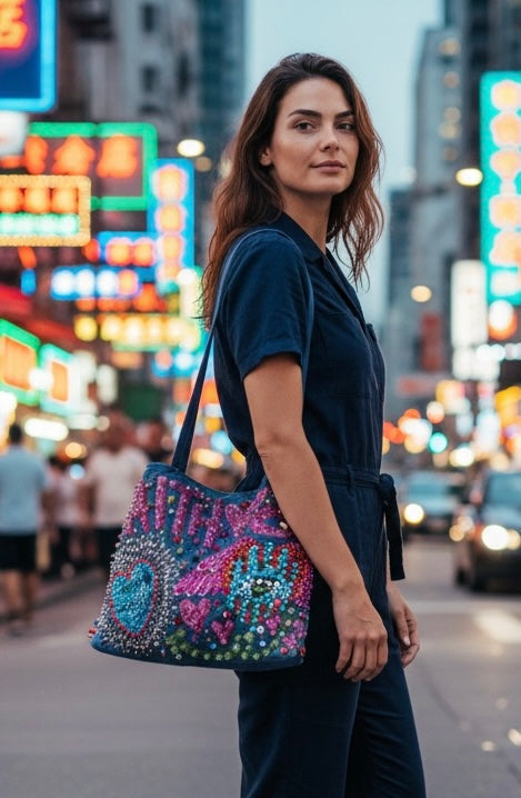 Hand-Painted & Hand-Embroidered Denim Tote Bag | Wearable Art | Boho Artisan Handbag