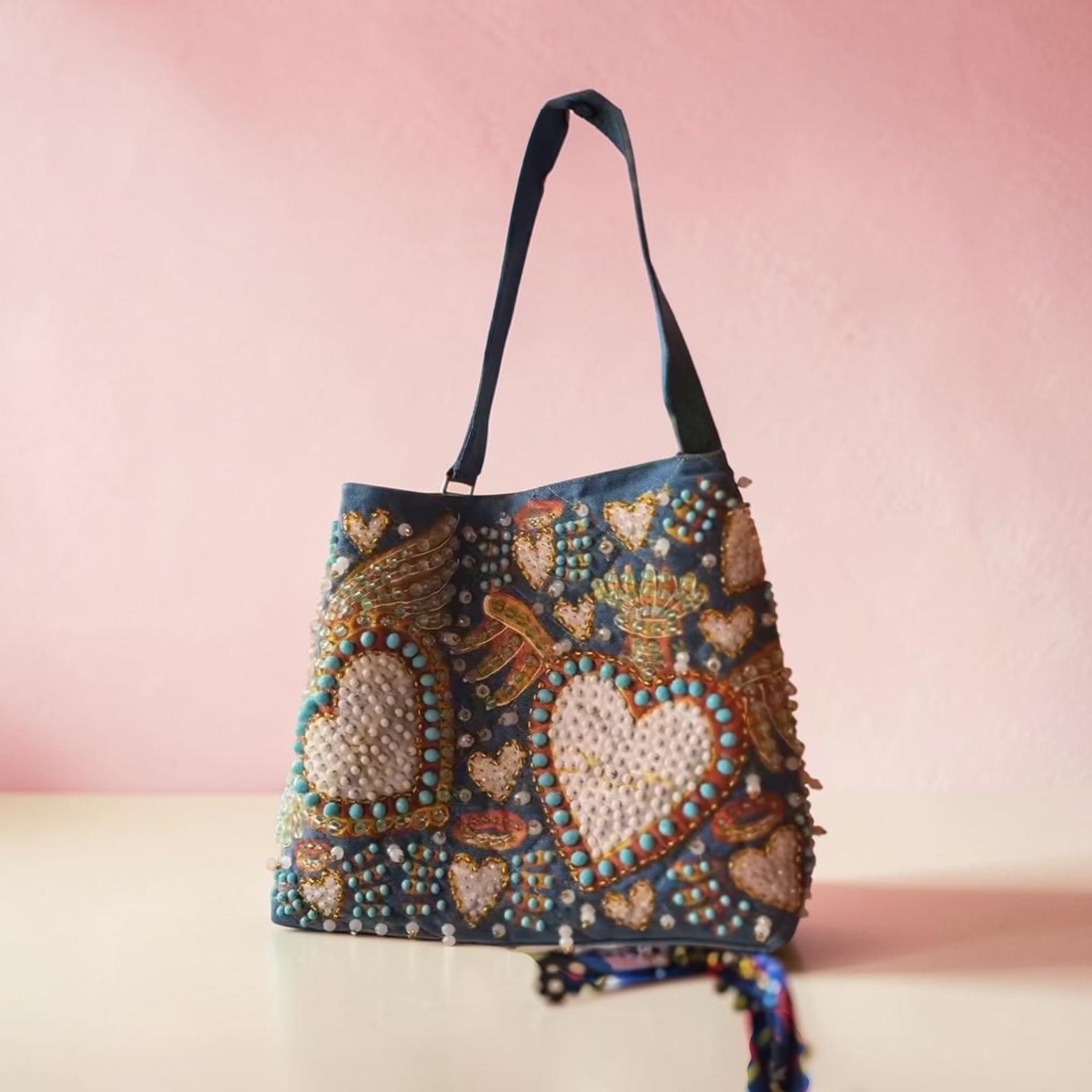 Hand-Painted & Hand-Embroidered Denim Tote Bag | Wearable Art | Boho Artisan Handbag