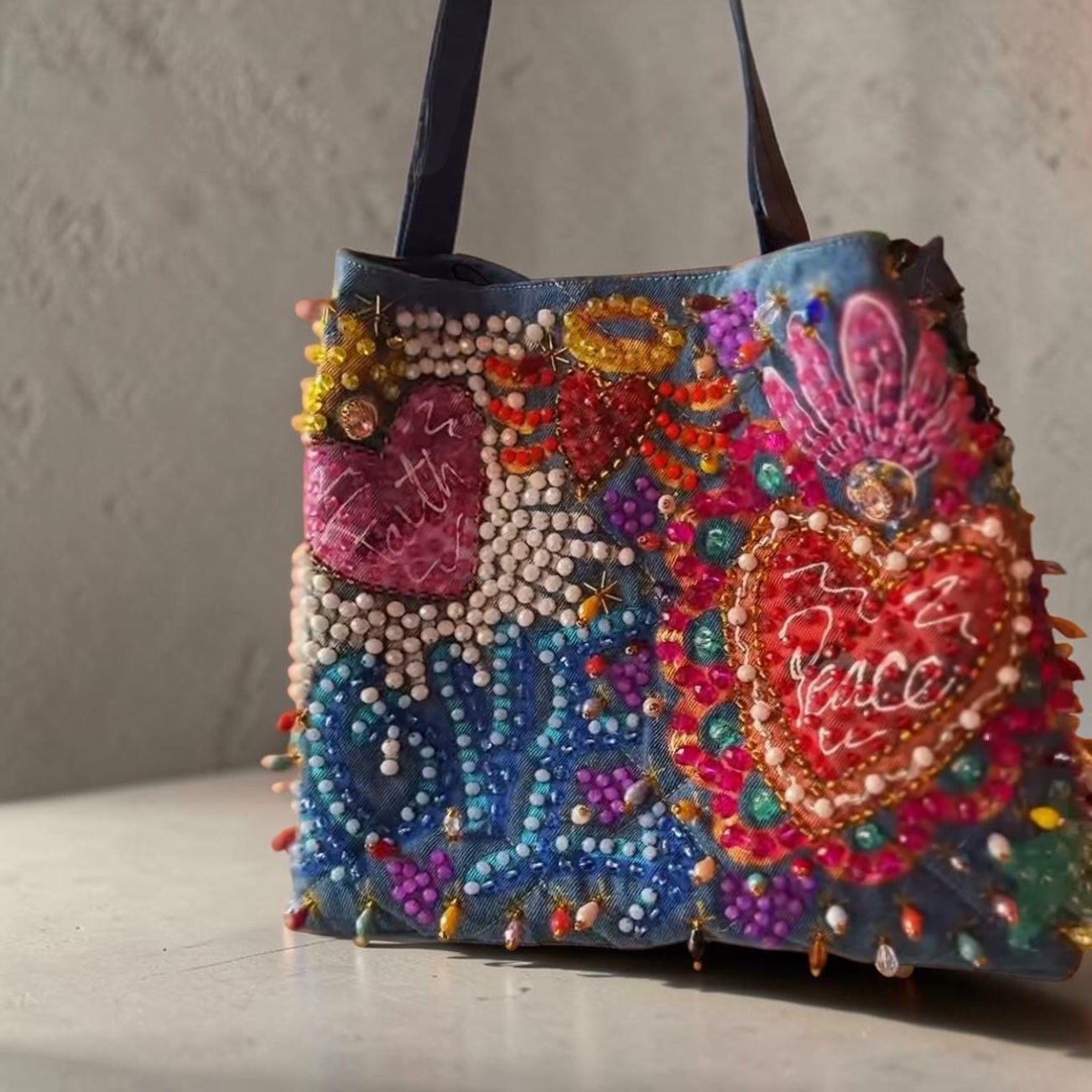 Hand-Painted & Hand-Embroidered Denim Tote Bag | Wearable Art | Boho Artisan Handbag