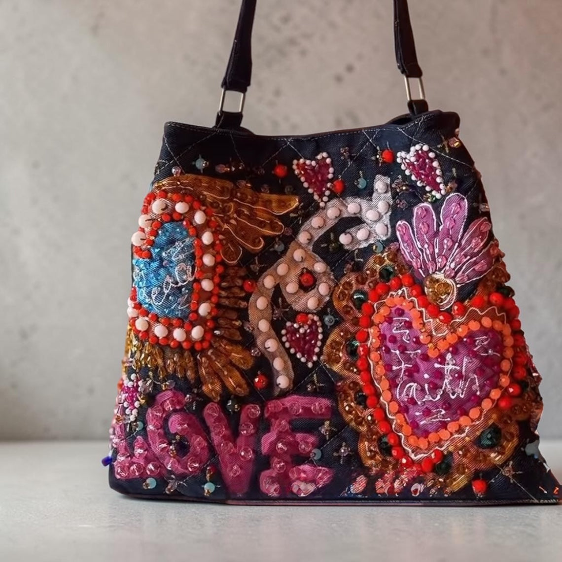 Hand-Painted & Hand-Embroidered Denim Tote Bag | Wearable Art | Boho Artisan Handbag