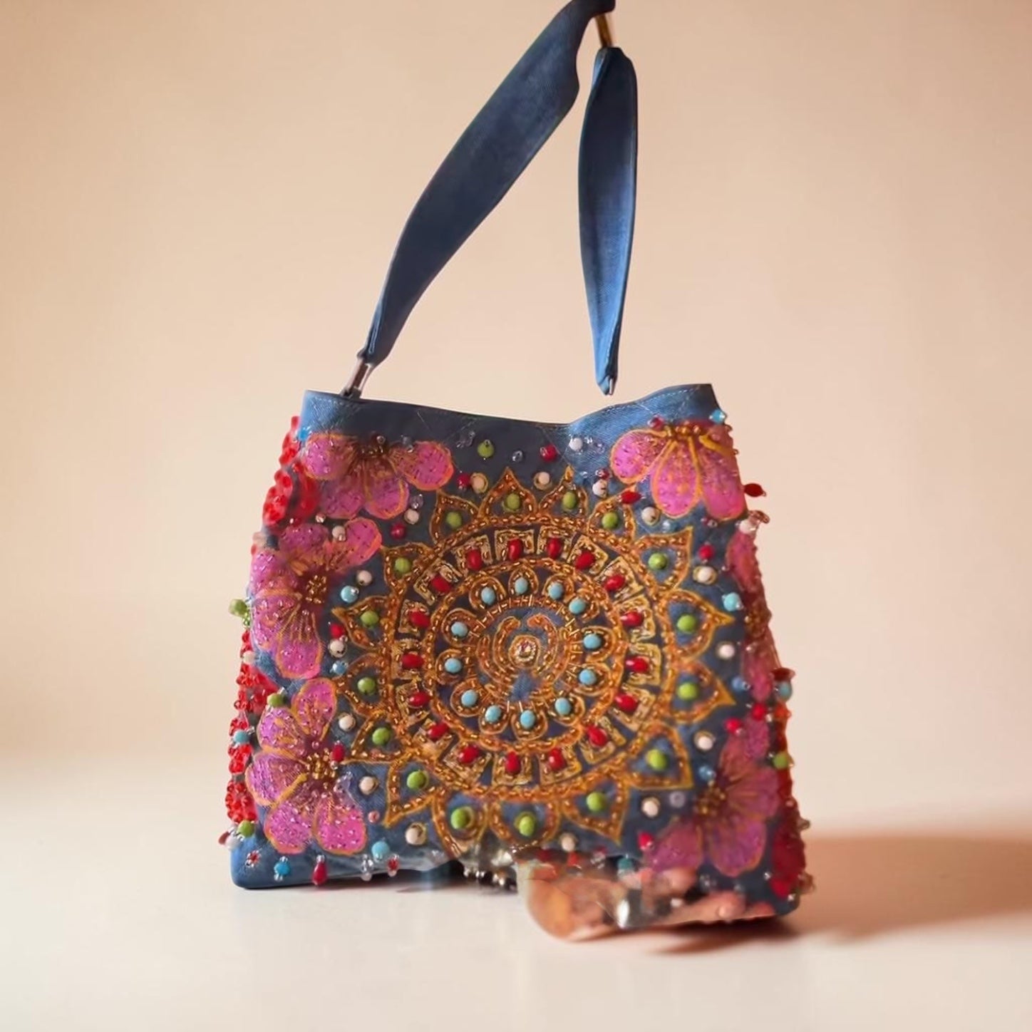 Hand-Painted & Hand-Embroidered Denim Tote Bag | Wearable Art | Boho Artisan Handbag