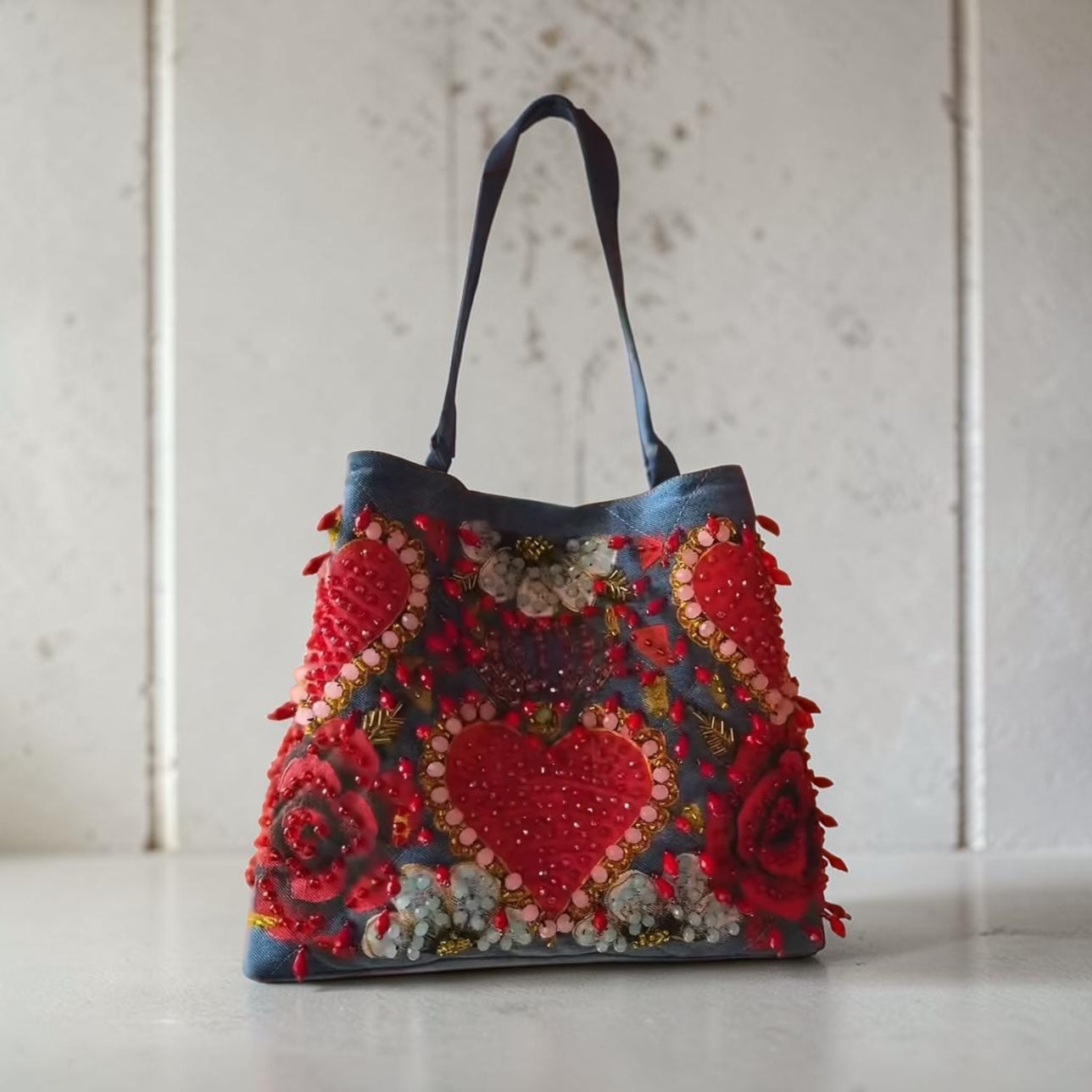 Hand-Painted & Hand-Embroidered Denim Tote Bag | Wearable Art | Boho Artisan Handbag